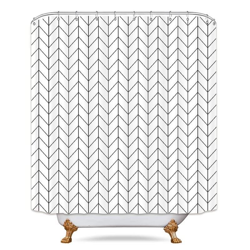 Riyidecor Boho Chevron Herringbone Shower Curtain Black White 60x72 Inch Geometric Striped Simple Modern Classy Neutral Contemporary 12 Pack Hooks Decor Fabric Bathroom Set Polyester Waterproof - Image 4